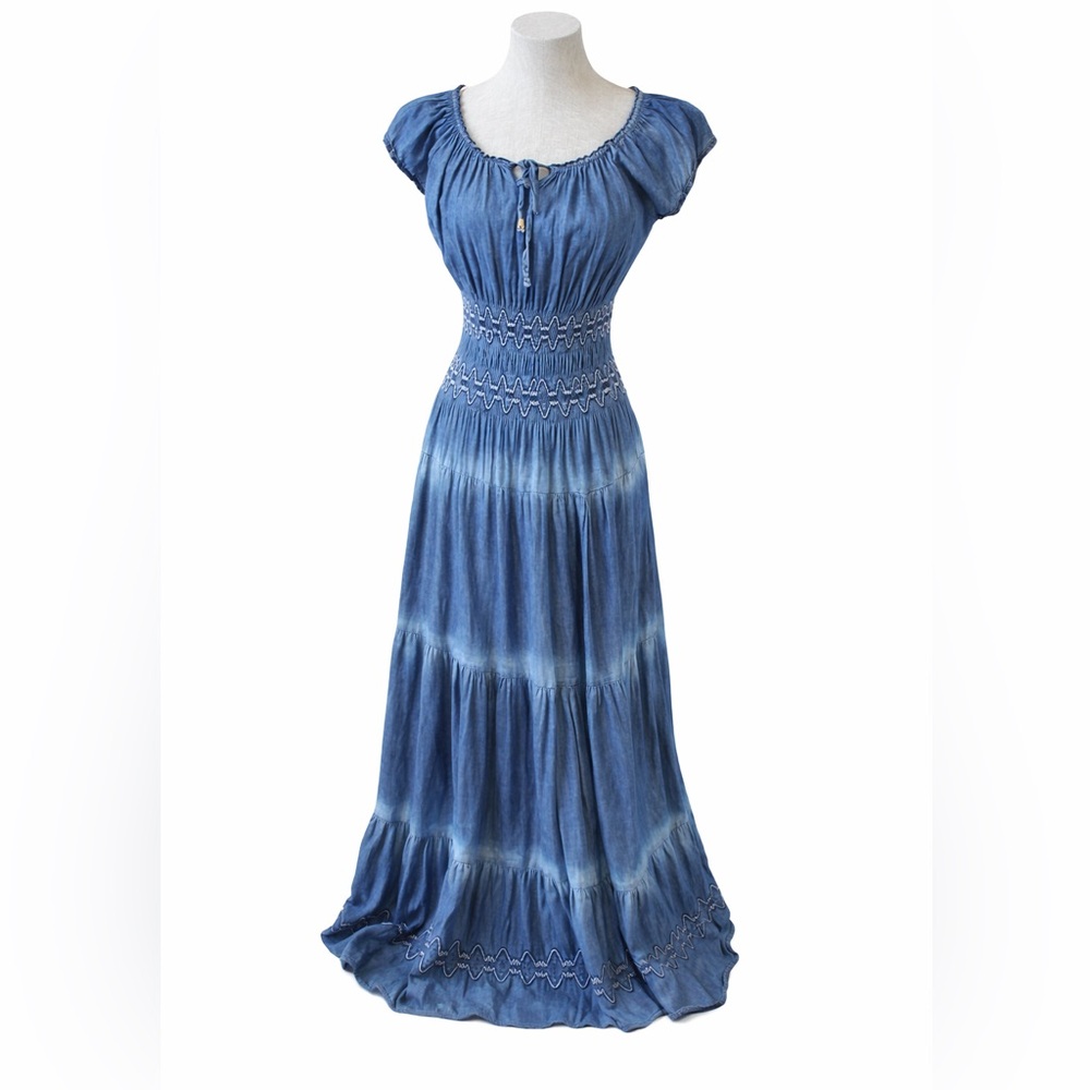 Lapis Blue Ombré Smocked Maxi Dress Small Boho Cottagecore Festival